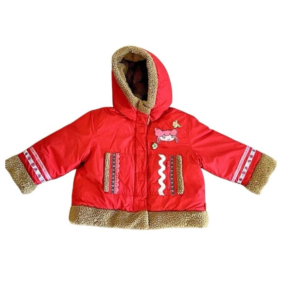Oilily Girls Winter Puffer Coat Jacket Size 24 M EUR 86 Faux Fur Hood Red EUC